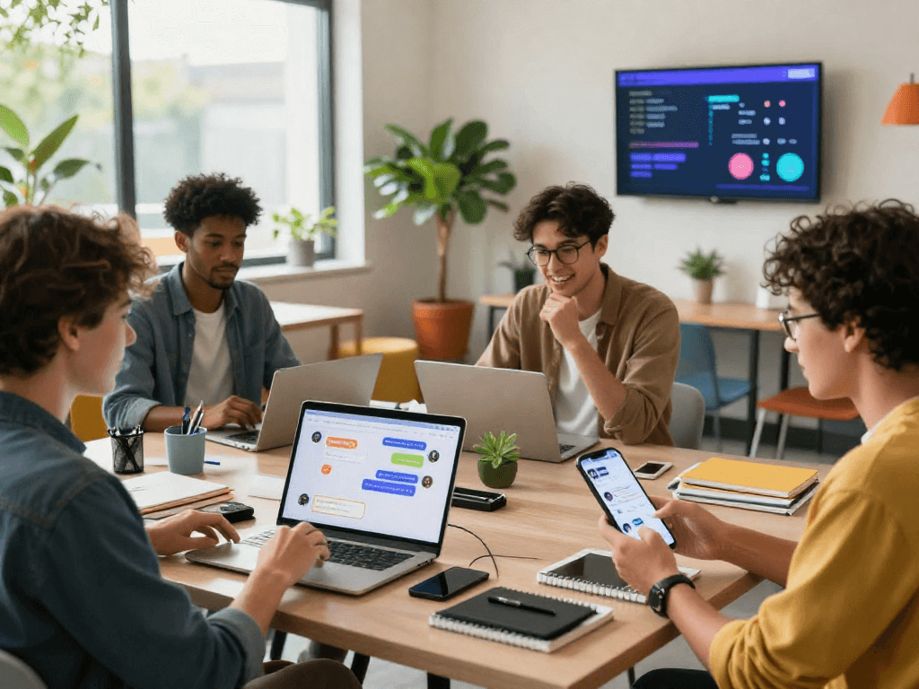 Diverse users interacting with juicy chat AI features in a vibrant co-working environment.
