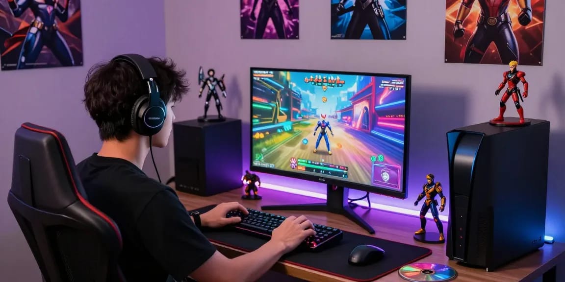 Engaged gamer playing transformation porn games at a vibrant desk, surrounded by collectibles and ambient lighting.