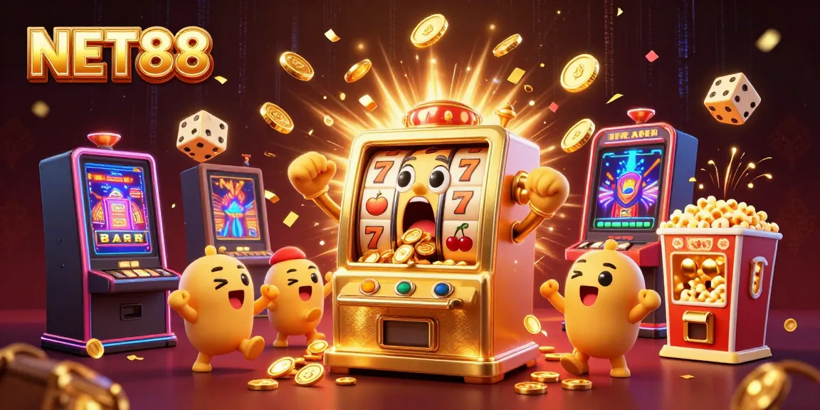 NET88 slot machine celebrating a jackpot with coins pouring, bringing excitement to gamers everywhere.
