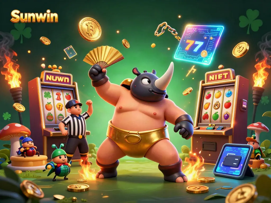 Experience thrilling moments at Sunwin as a sumo champion beetle stomps golden coins with slot game excitement.