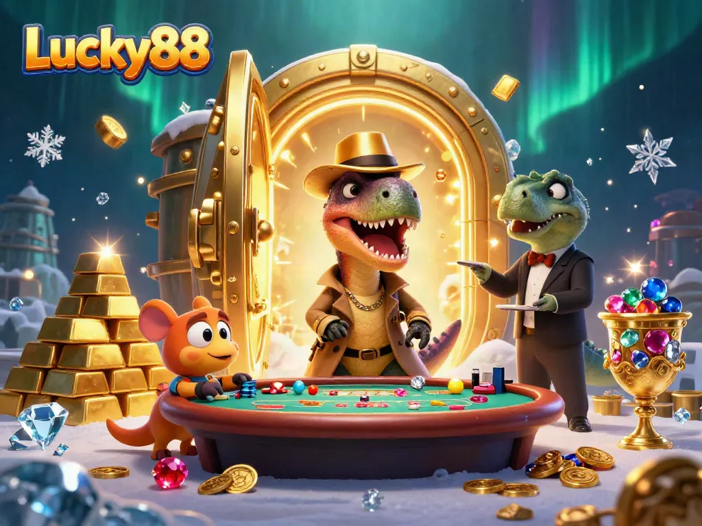 Experience the thrilling atmosphere of Lucky88 with 3D cartoon characters engaged in high-stakes casino action.