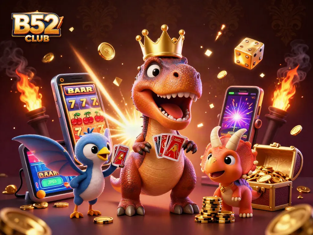 Join the fun with B52CLUB as the T-Rex shuffles cards and friends stack chips in an illustrated casino scene.