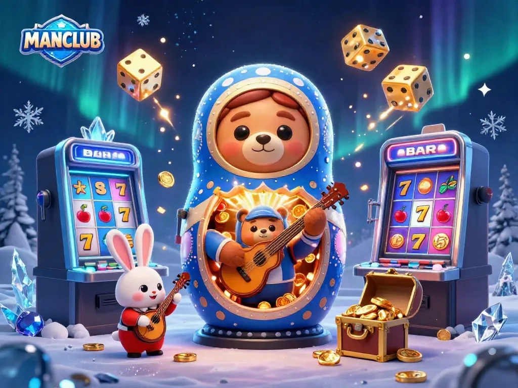 Experience the excitement of MANCLUB with casino-themed bears and festive jackpots bursting with coins.