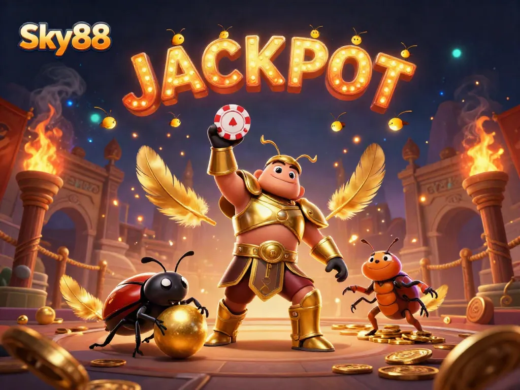 Experience Sky88's thrilling gaming atmosphere as triumphant characters celebrate with a jackpot victory.
