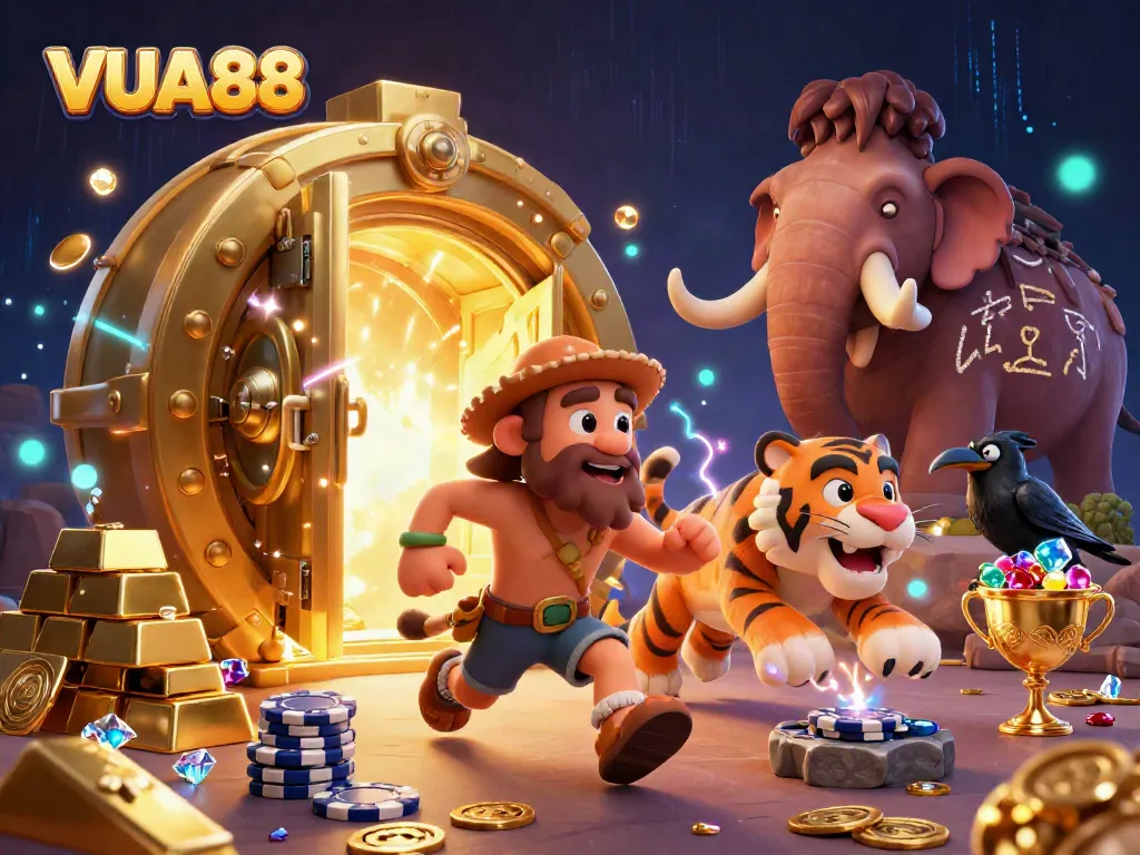 Experience the thrilling VUA88 action in a prehistoric casino scene with dazzling treasures and playful characters.
