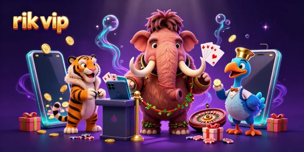 Engage with rik vip at this vibrant online casino illustration featuring a lively scene with characters and dynamic gaming elements.