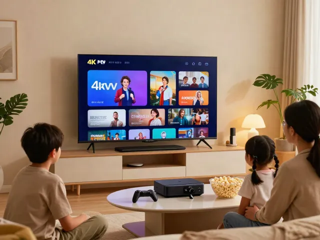 Family enjoying abbonamento iptv content on a smart TV in a cozy living room.