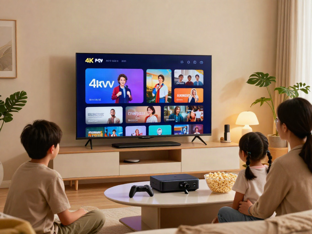 Family enjoying abbonamento iptv content on a smart TV in a cozy living room.