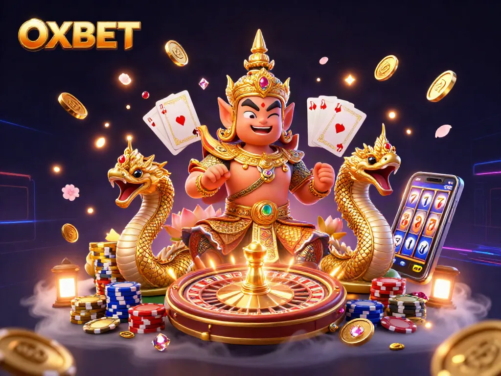 Experience ultimate gaming excitement with OXBET's vibrant casino themed 3D illustration.