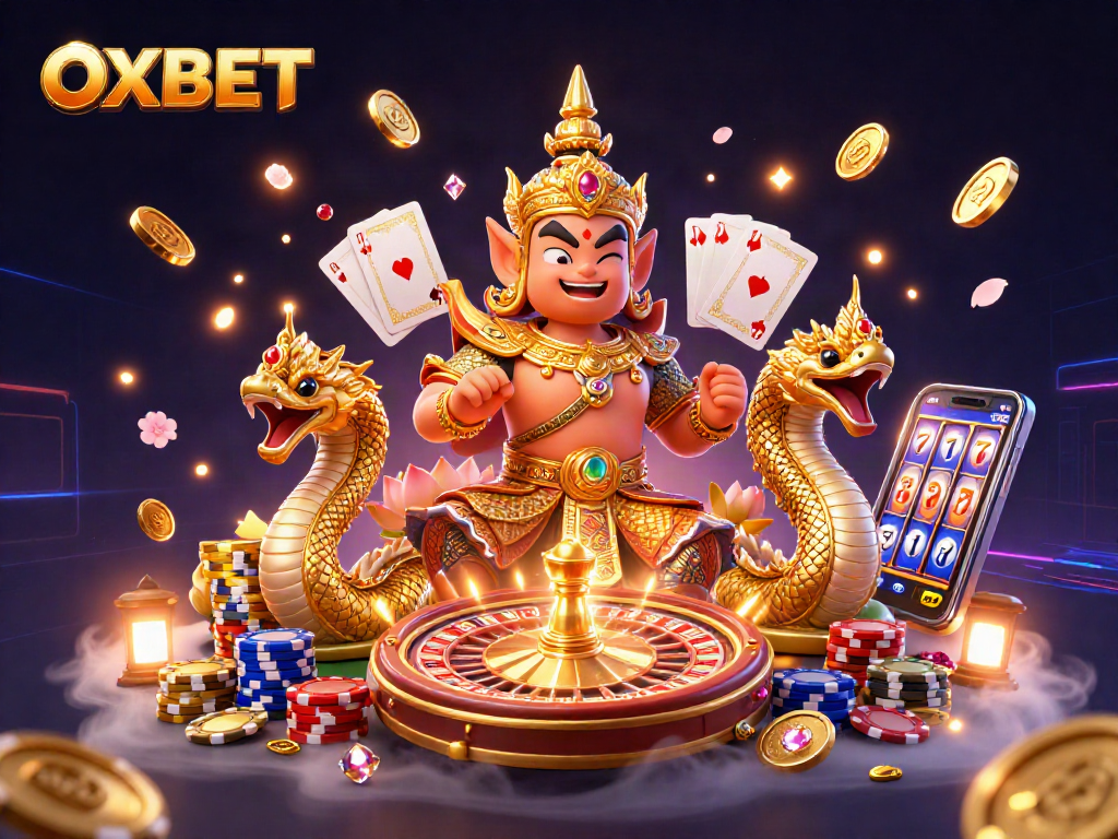 Experience ultimate gaming excitement with OXBET's vibrant casino themed 3D illustration.