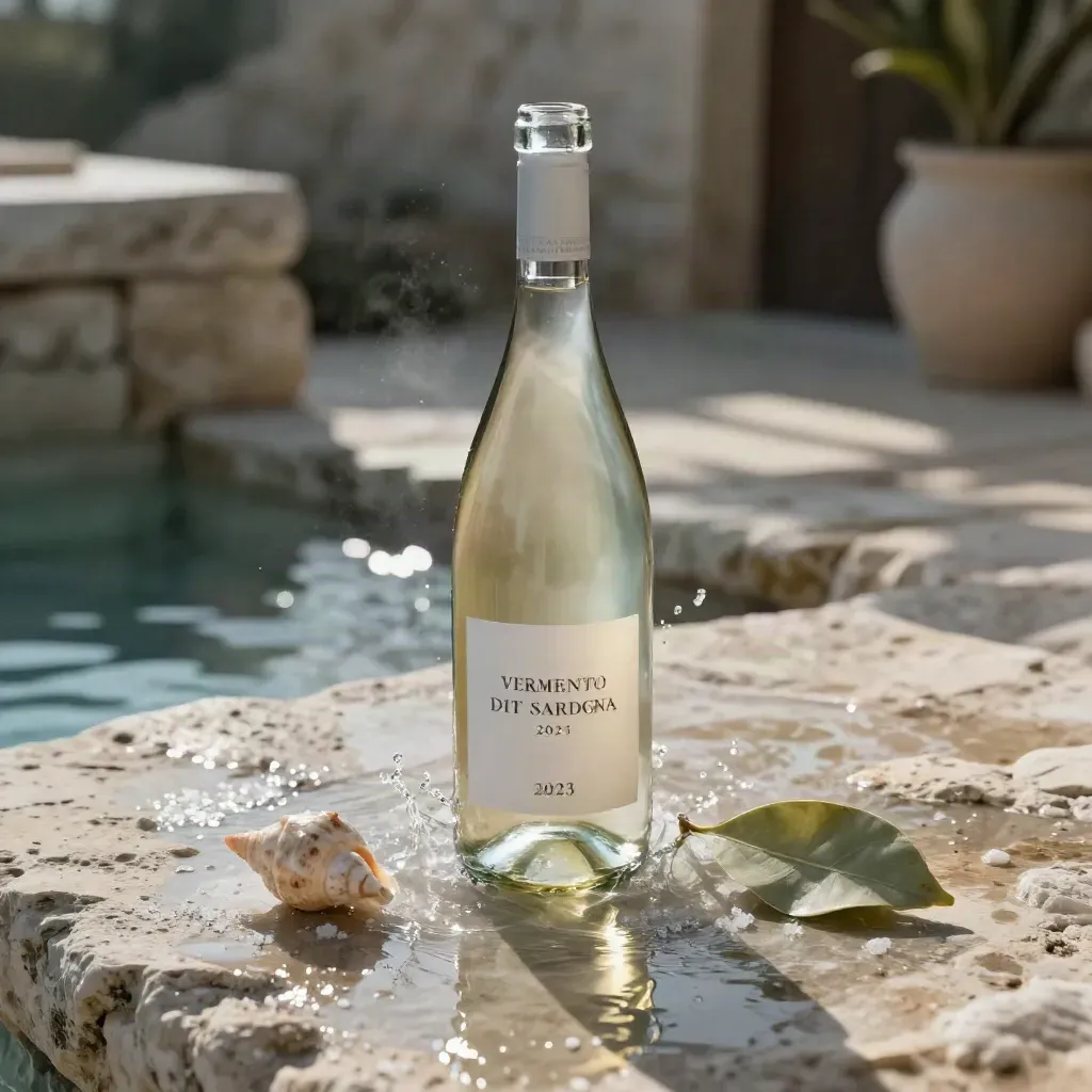 Bottiglia di Vermentino su pietra umida con sale marino, conchiglia e foglia di limone.