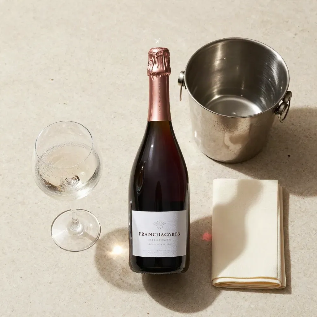 Flatlay overhead di una bottiglia di Franciacorta con calice frizzante, secchiello e tovagliolo su travertino.