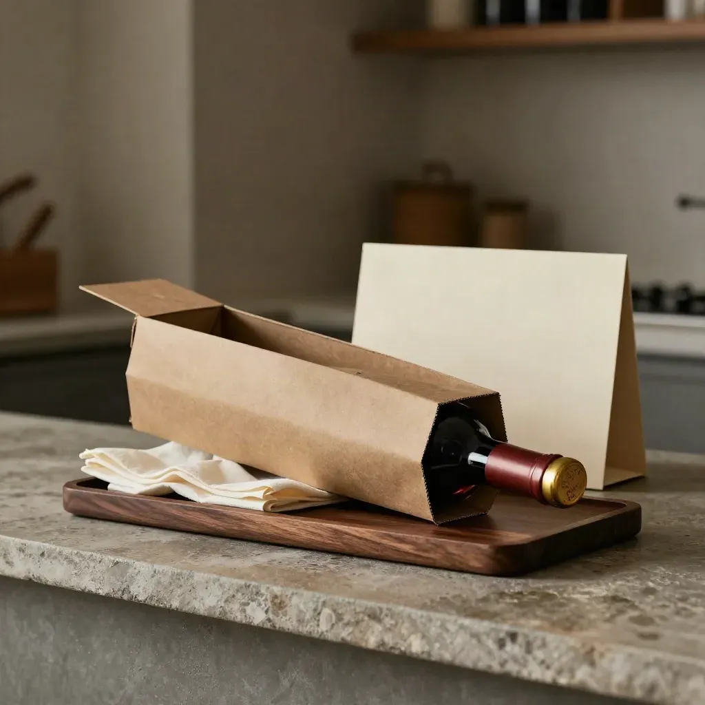 Cartone da sei bottiglie di vino rosso aperto su pietra bagnata, stile elegante e caldo