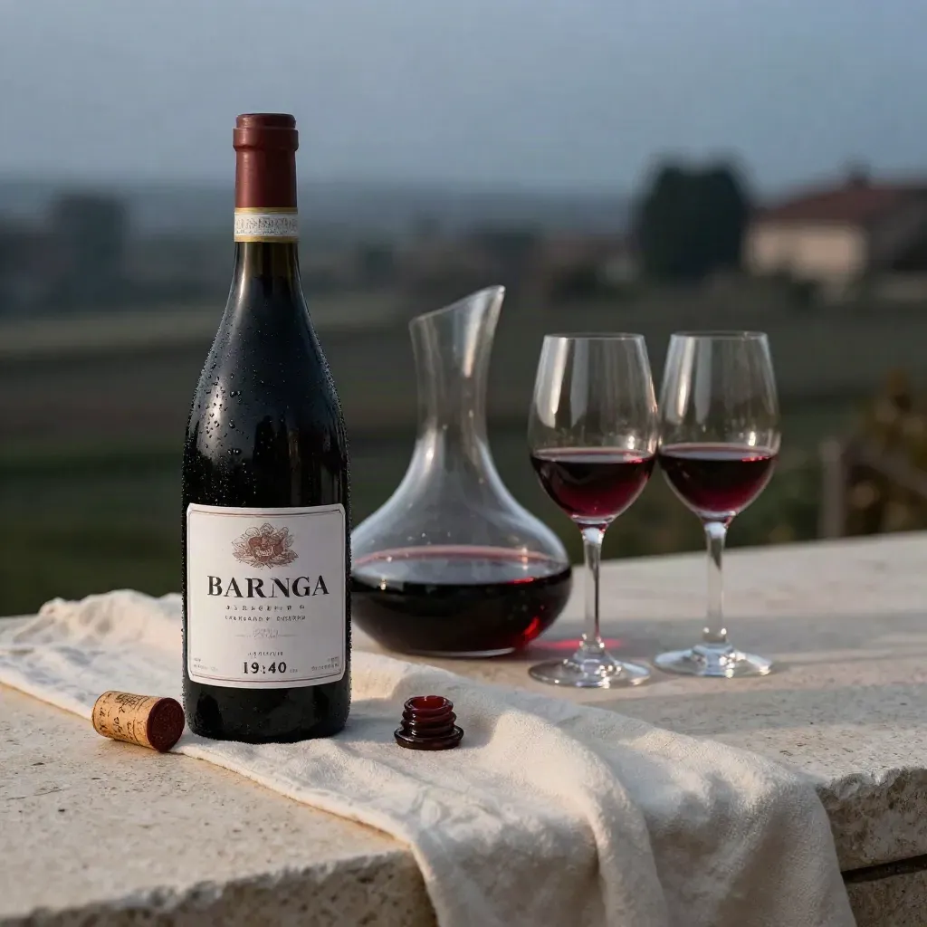 Bottiglia di Barolo con decanter e calici su pietra chiara, luce blu della sera.