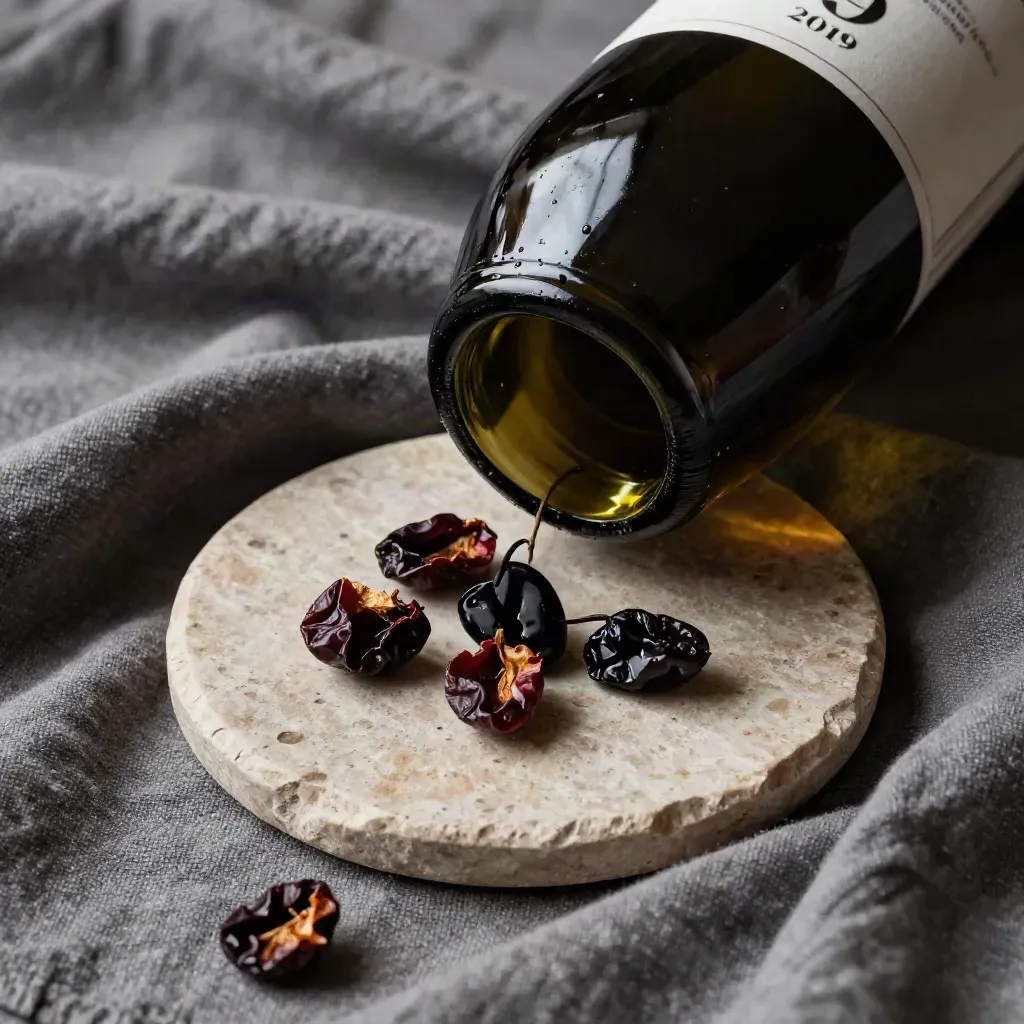 Bottiglia di Amarone su lino antracite con ciliegie secche, oliva nera e ciotola di pietra.