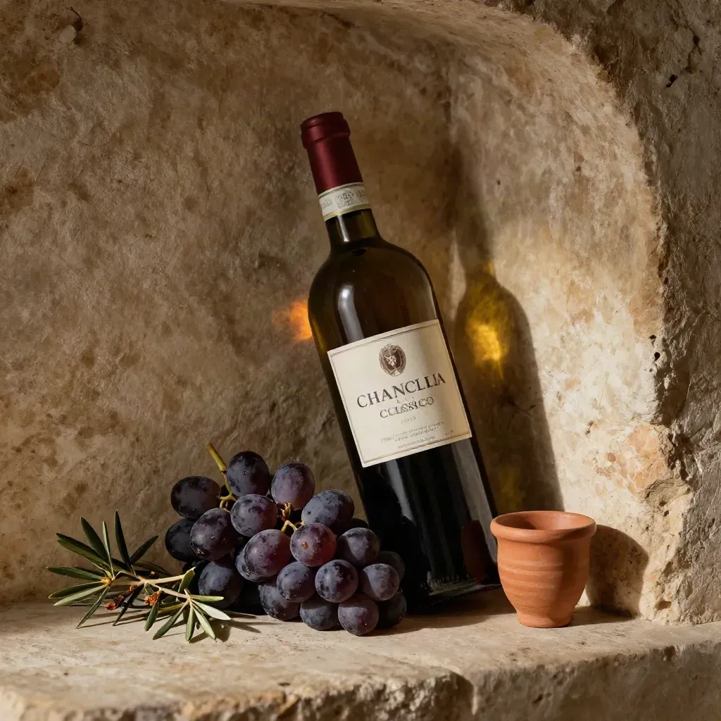 Bottiglia di Chianti, coppa in terracotta, uva scura ed erbe in una nicchia rustica.