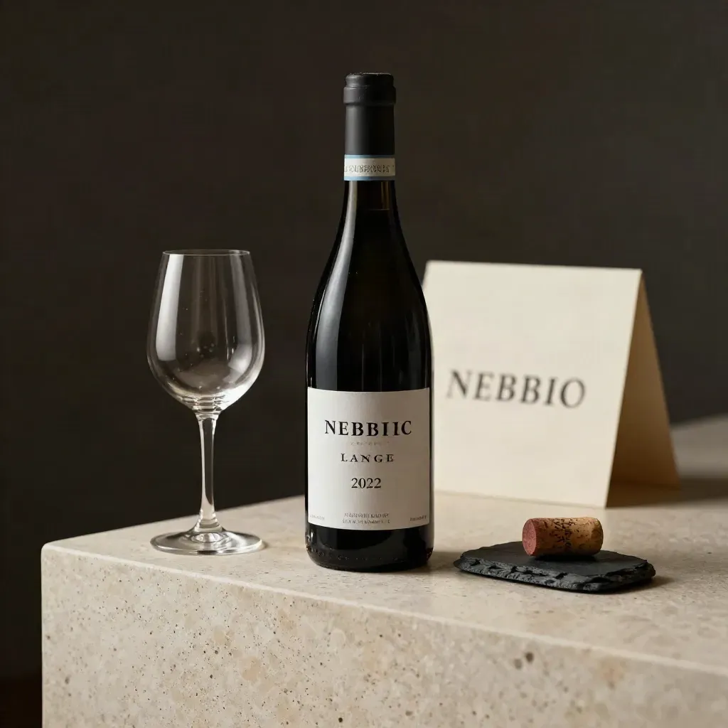 Bottiglia di Nebbiolo, calice tulipano, tappo e pietra ardesia in luce radente.