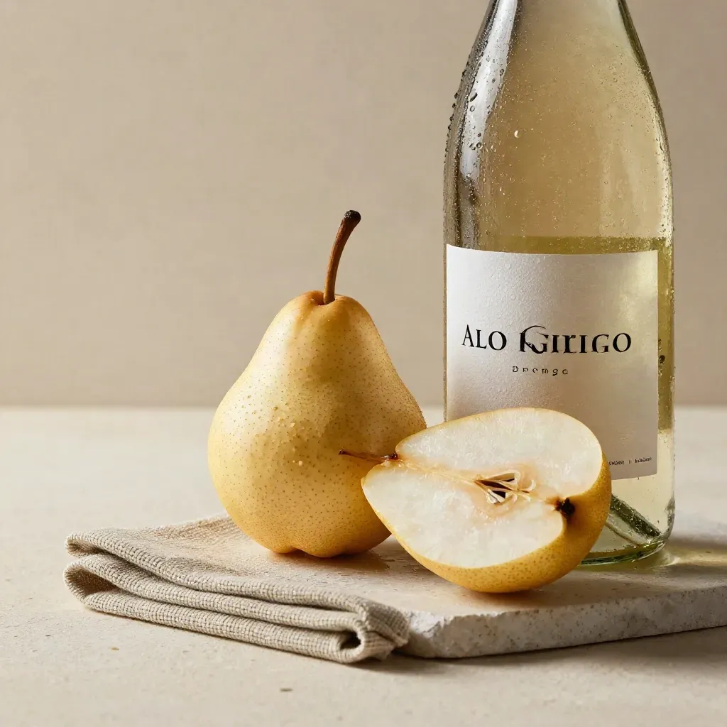 Bottiglia di Pinot Grigio con pera, piatto in pietra e sottobicchiere di lino con condensa