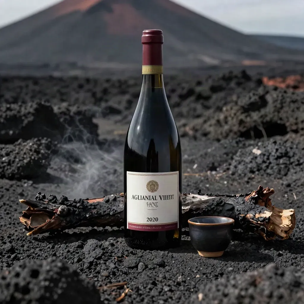 Bottiglia di Aglianico tra pietre vulcaniche, ramo bruciato e tazza scura in ceramica.