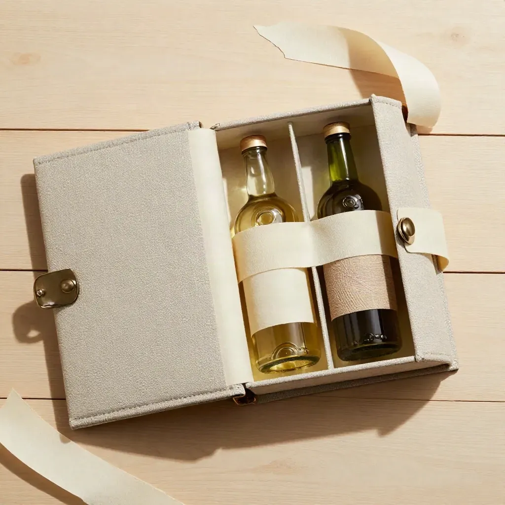 Cofanetto regalo in lino con tre bottiglie, nastro di sughero e chiusura in ottone su legno chiaro.