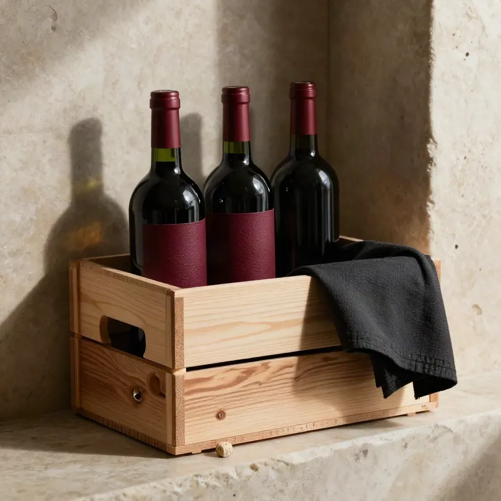 Cassetta regalo di vini rossi con tre bottiglie in una cantina in pietra.