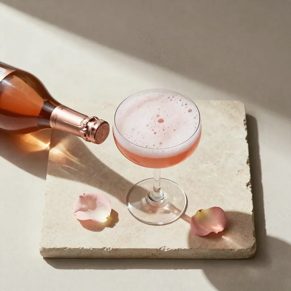 Flatlay dall'alto con bottiglia di spumante rosé, coppa spumeggiante, petalo di rosa e vassoio di pietra.