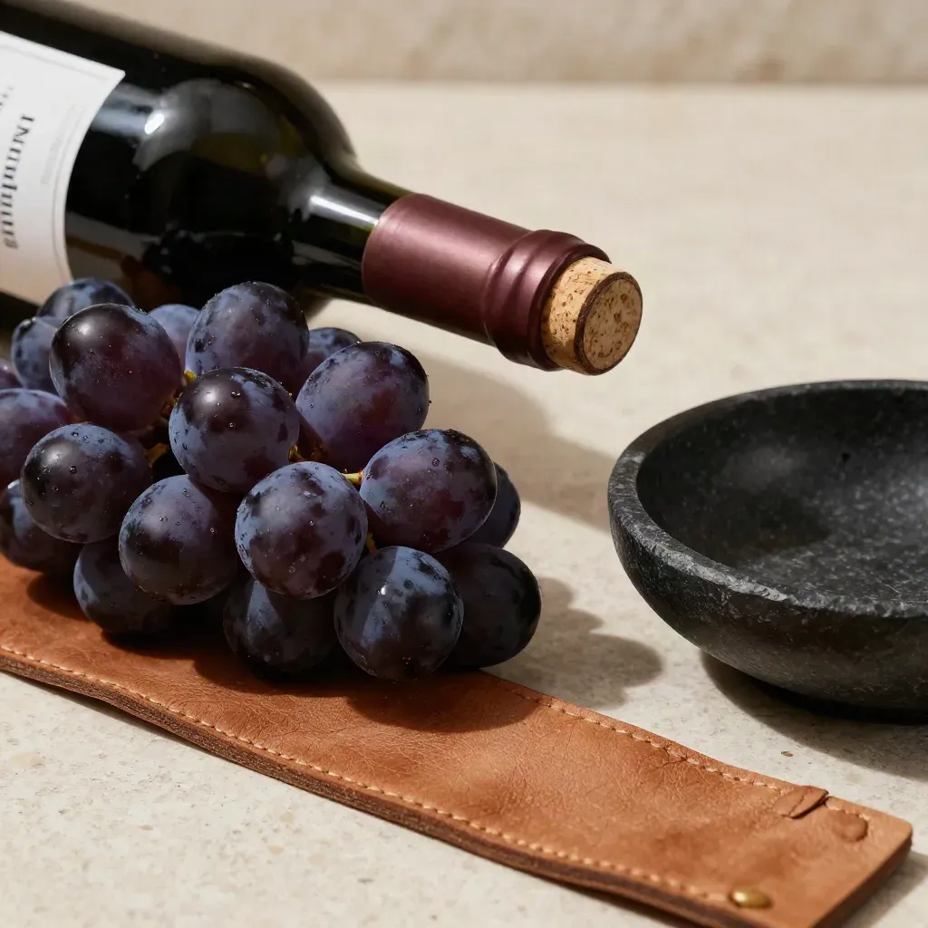 Macro di bottiglia di Primitivo con prugne, pelle grezza e ciotola di pietra nera.