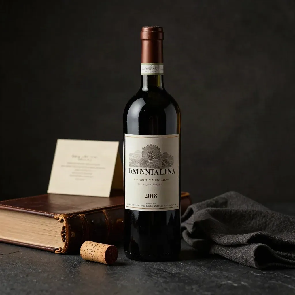 Bottiglia di Brunello, libro in pelle e tappo su pietra nera, luce radente e riflessi d’oro.