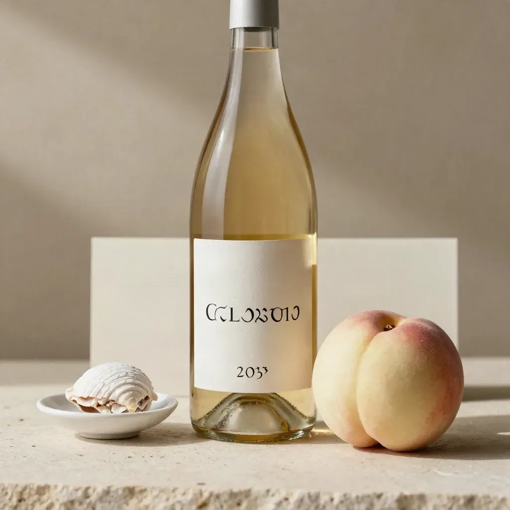 Bottiglia di Soave con pesca bianca, conchiglia e piattino ceramico chiaro in studio