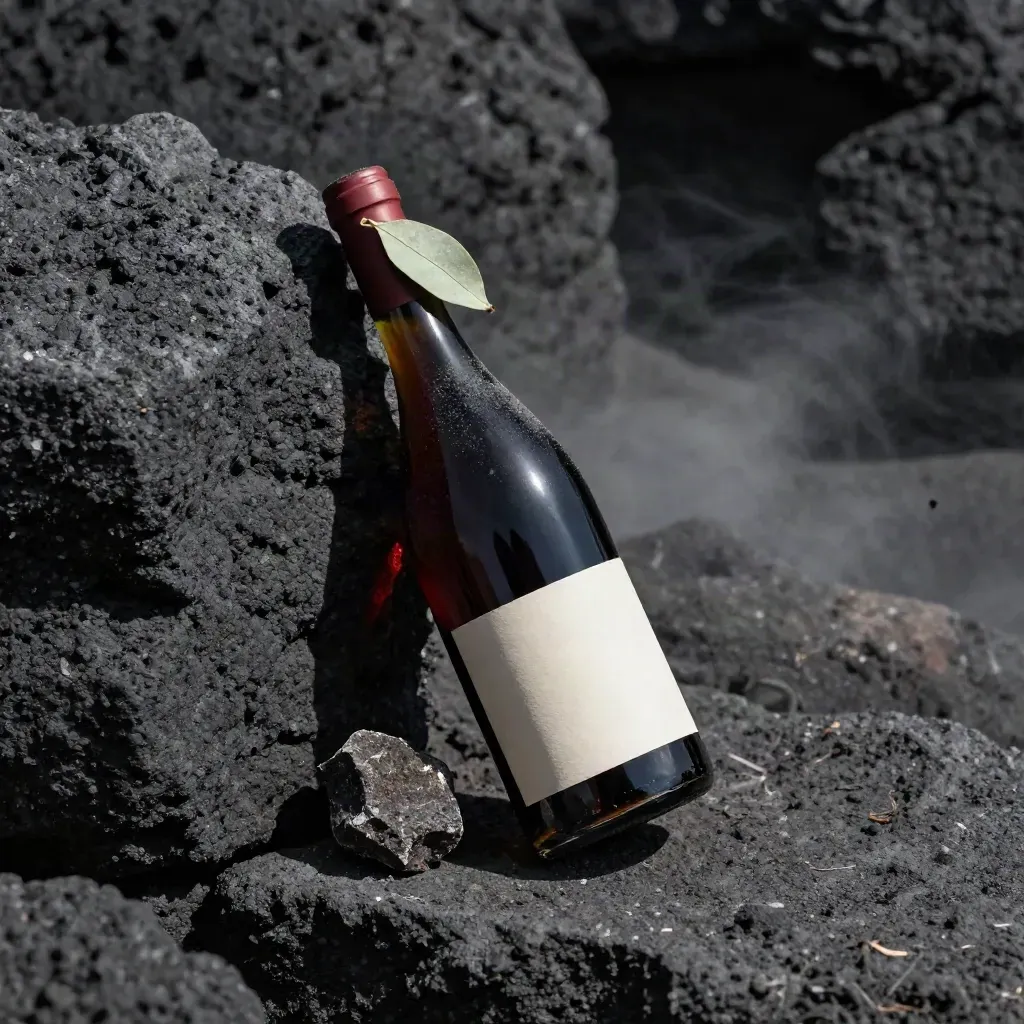 Bottiglia di vino su pietra lavica con cenere, foglia di agrume e luce drammatica