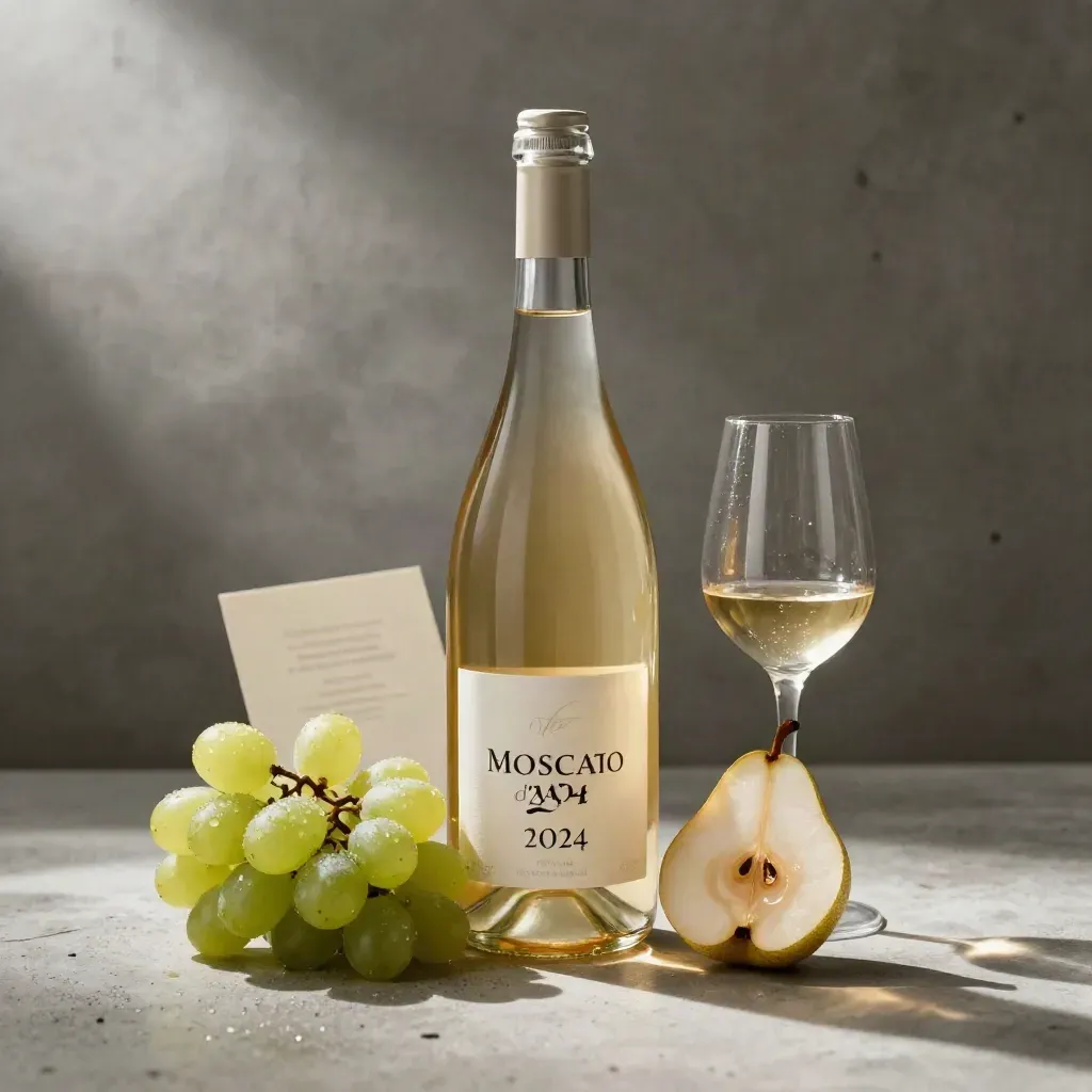 Bottiglia di Moscato d’Asti con uva, pera e calice su cemento chiaro in luce soffusa.