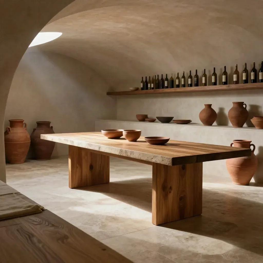 Sala di cantina con tavolo in legno, anfore in terracotta e bottiglie sfocate in alto.