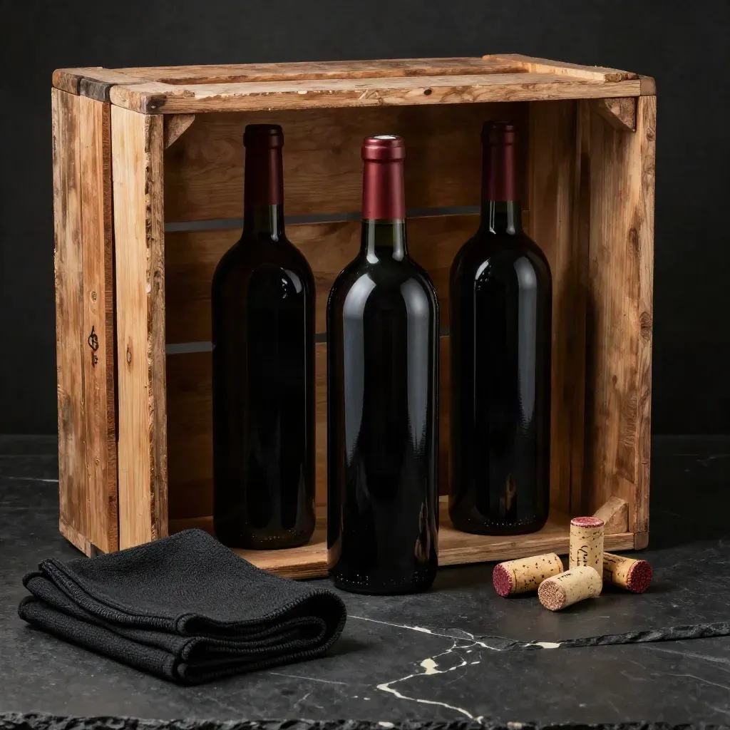 Tre bottiglie di vino rosso in cassa di legno con panno scuro e tappi, luce drammatica da cantina