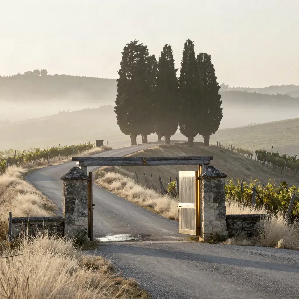 Strada tra cipressi e cancello di servizio che si apre sui vigneti nella nebbia dell’alba.