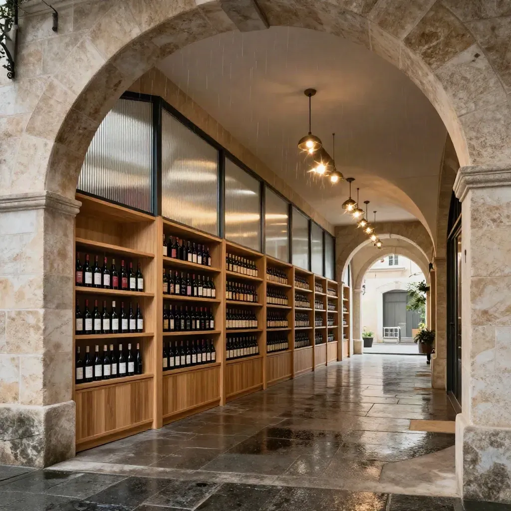 Arcata enoteca moderna con pavimento bagnato e luci sospese, atmosfera elegante e piovosa