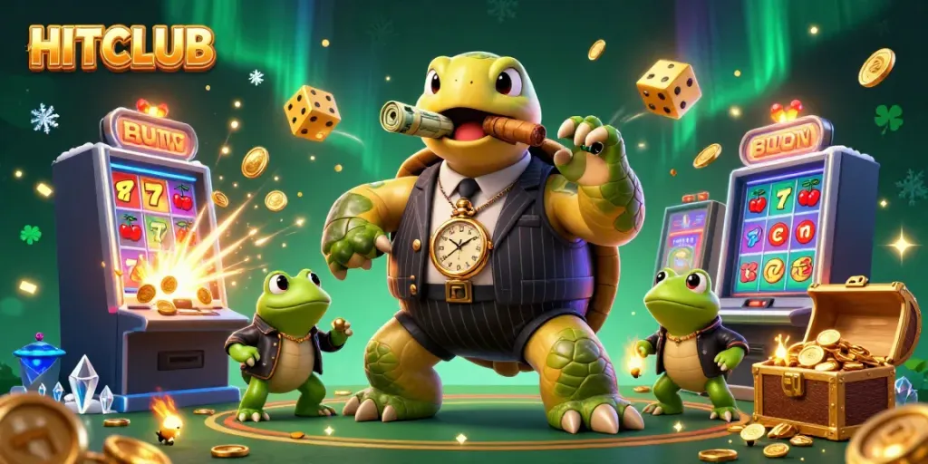 Experience HITCLUB's thrilling gaming with a vibrant 3D scene of animated characters and dynamic casino elements.