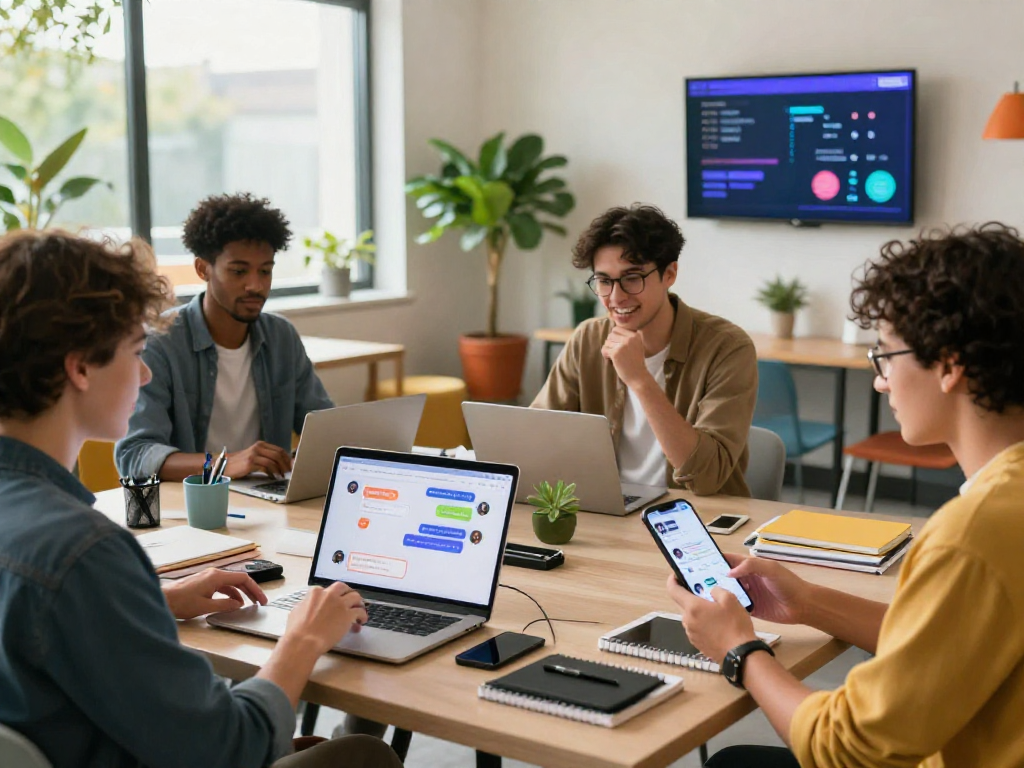 Diverse users interacting with juicy chat AI features in a vibrant co-working environment.