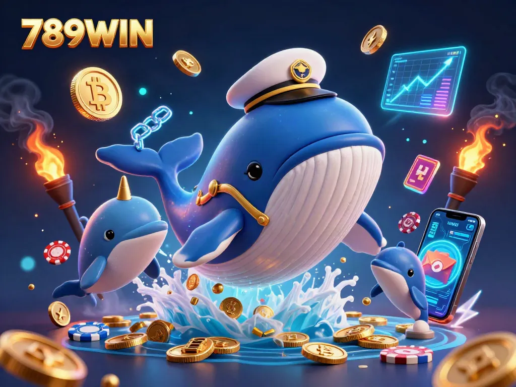 Win big with 789WIN in an ultra-detailed 3D casino illustration featuring vibrant characters and crypto elements.