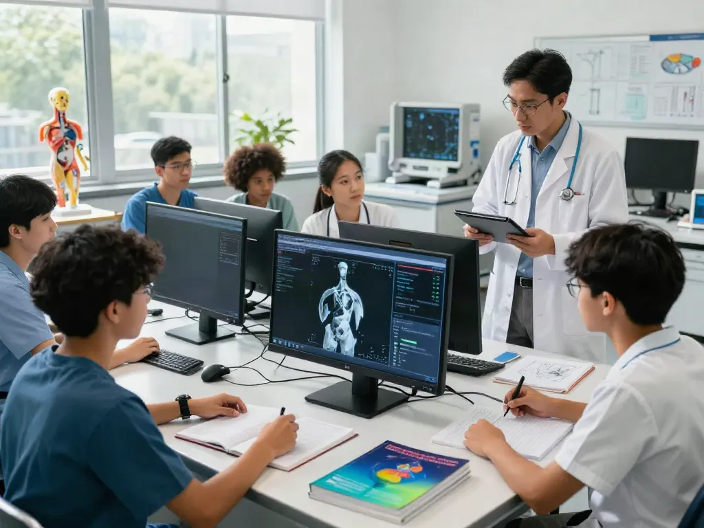 The rokok88 educational scene showing students learning about CT scan technology in a modern radiology classroom.
