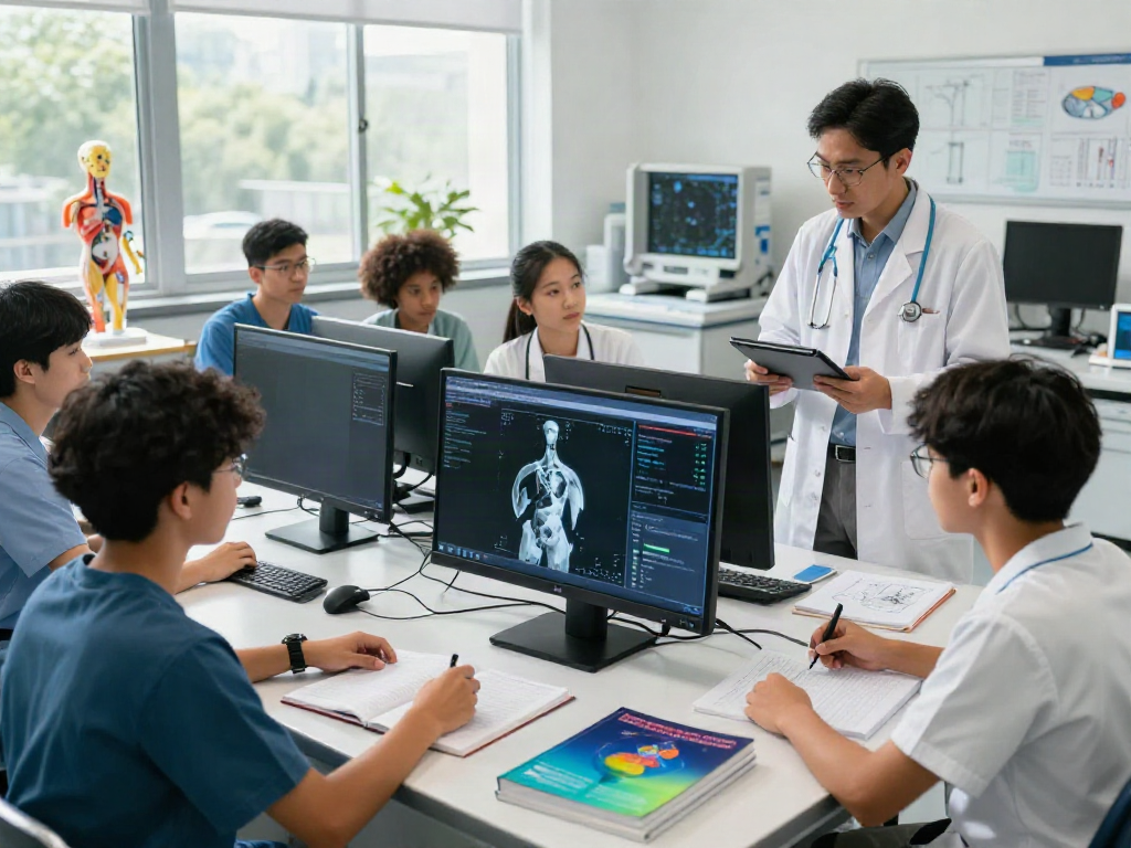 The rokok88 educational scene showing students learning about CT scan technology in a modern radiology classroom.