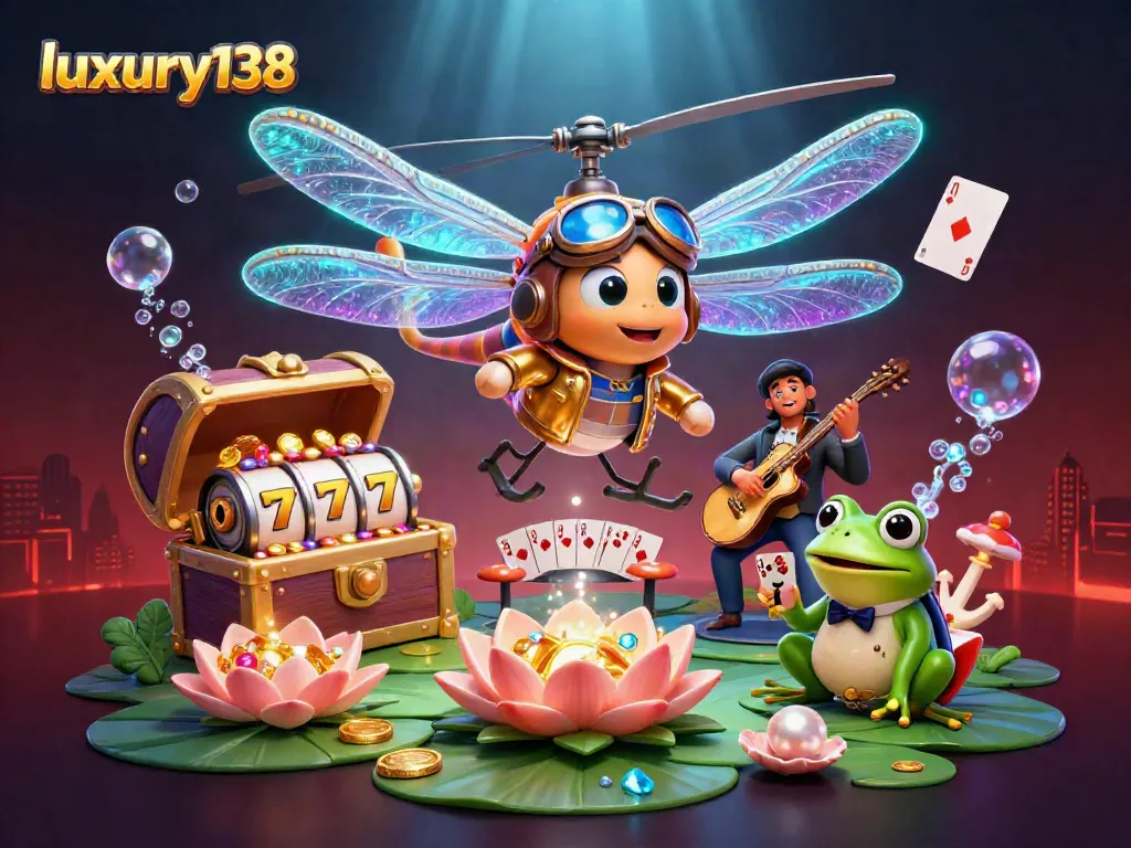 Experience luxury138's bright and lively online casino ambiance with vibrant characters and dynamic gaming elements.