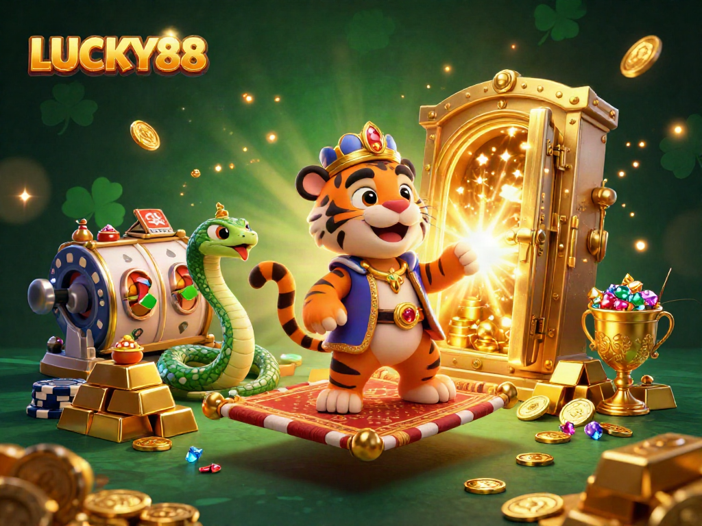 LUCKY88 captures the essence of casino excitement with a sultan in a vibrant gaming scene.