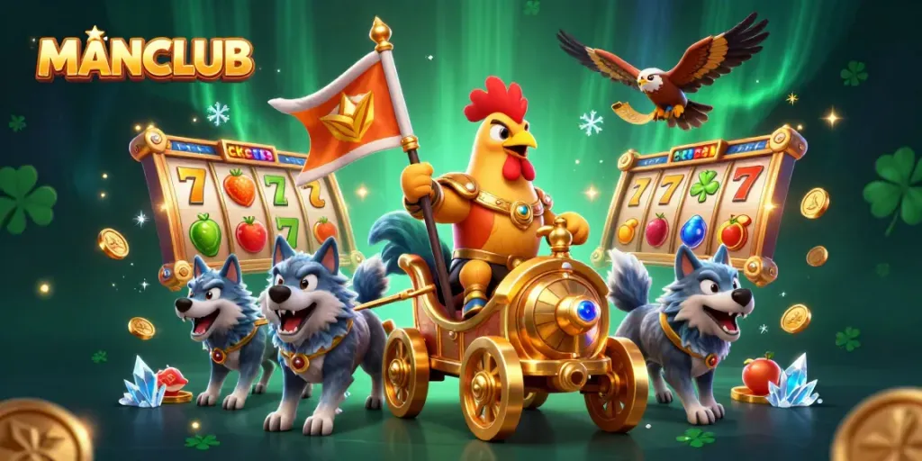 MANCLUB's vibrant casino adventure with a rooster warlord in a golden chariot amid spinning slot reels and dazzling symbols.