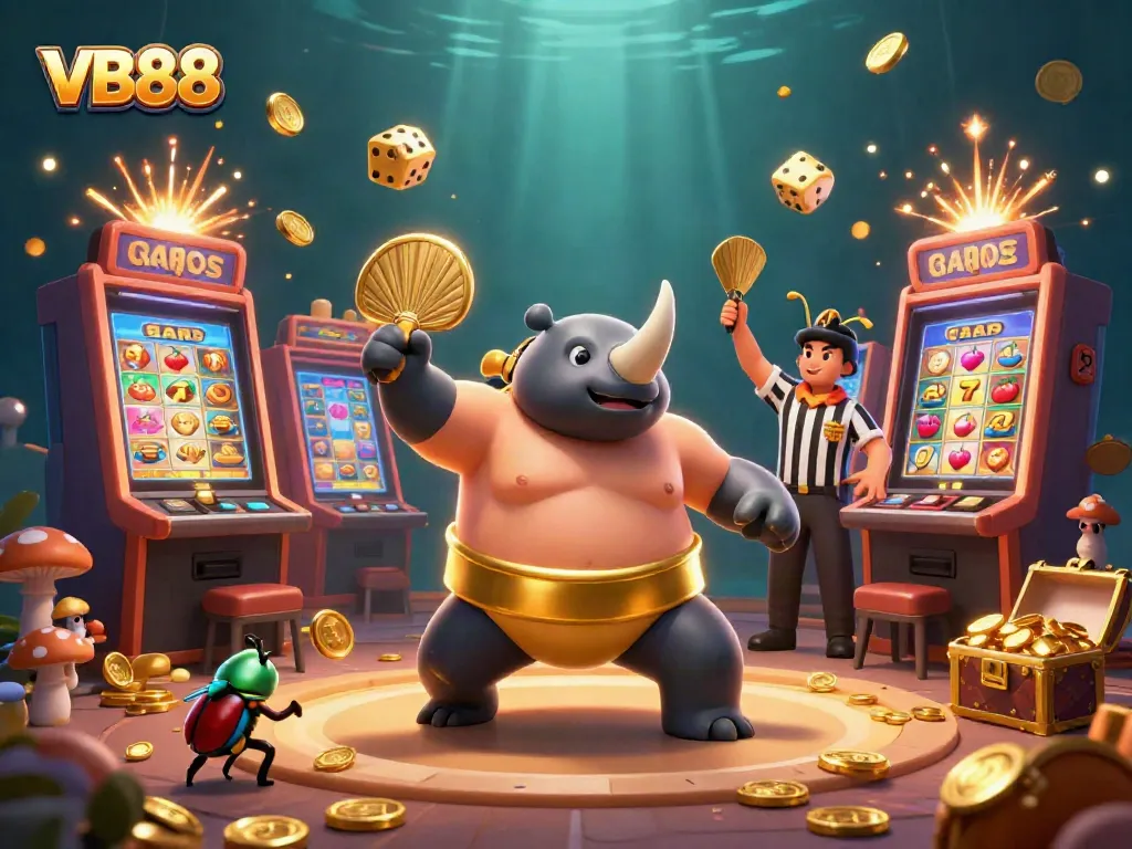 Venture into the vibrant world of VB88 casino with a dynamic illustration featuring a beetle sumo champion.